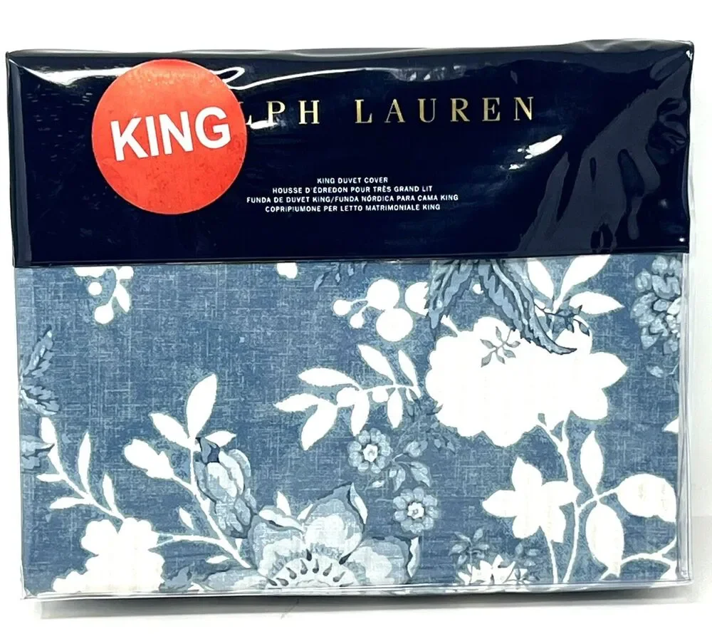 Ralph Lauren Indigo Cottage King Size Duvet Cover Blue Cream COTTON Floral NIP